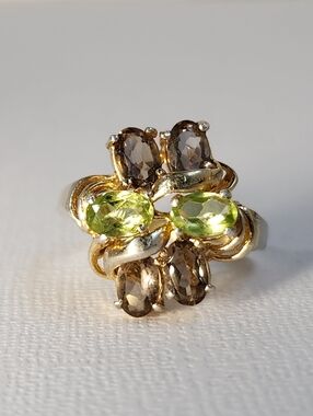 Spicy 925 Natural Peridot & Champagne Topaz Cluster Cocktail Ring Sz 7